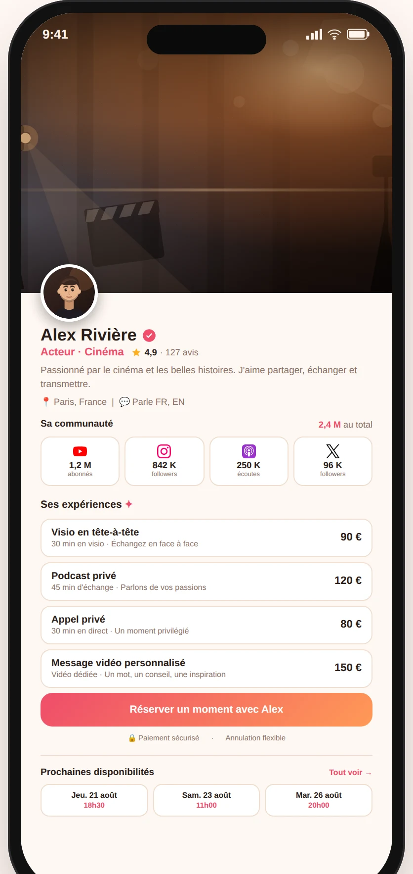 Aperçu du profil d'Alex, acteur, sur l'application Nearade