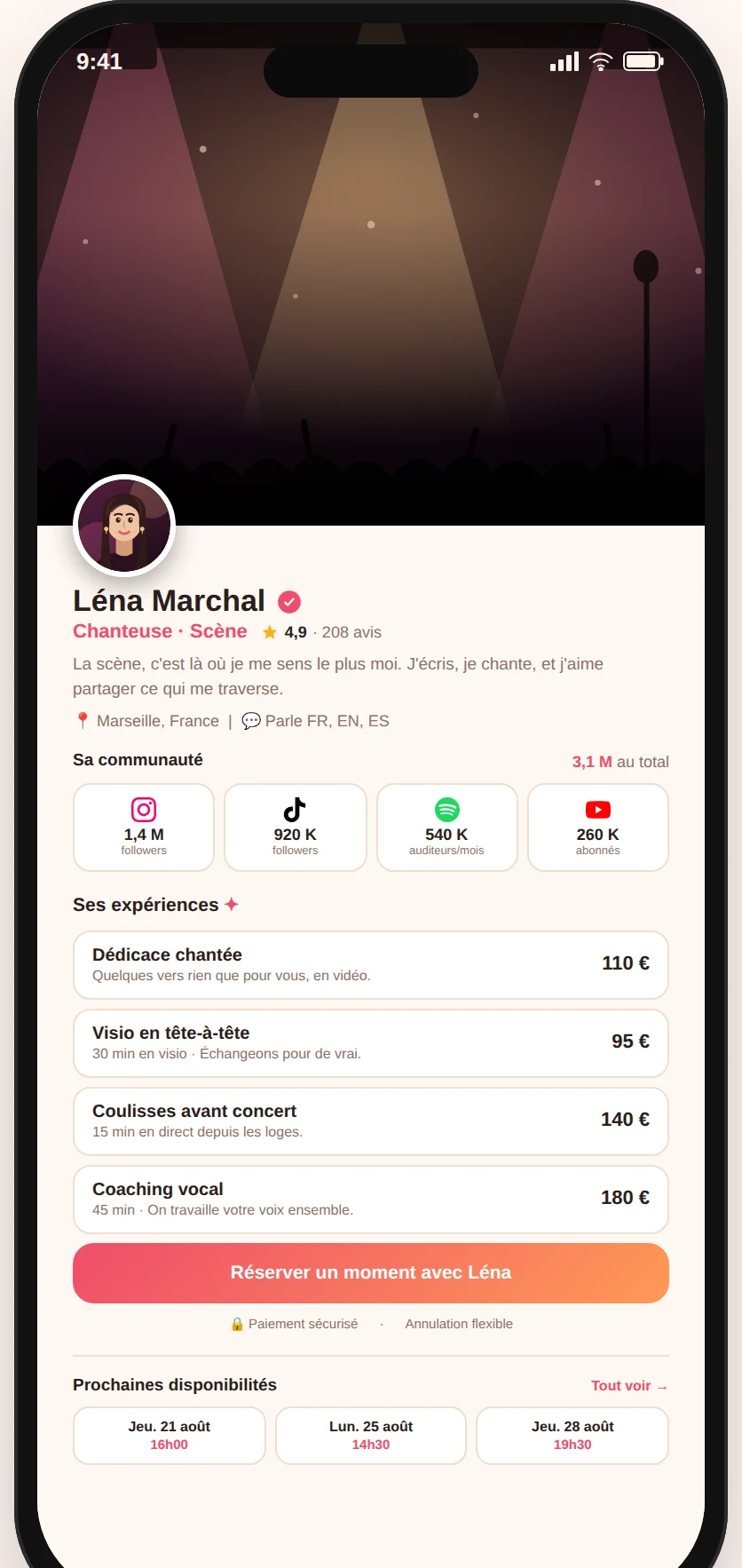 Aperçu du profil de Léna, chanteuse, sur l'application Nearade