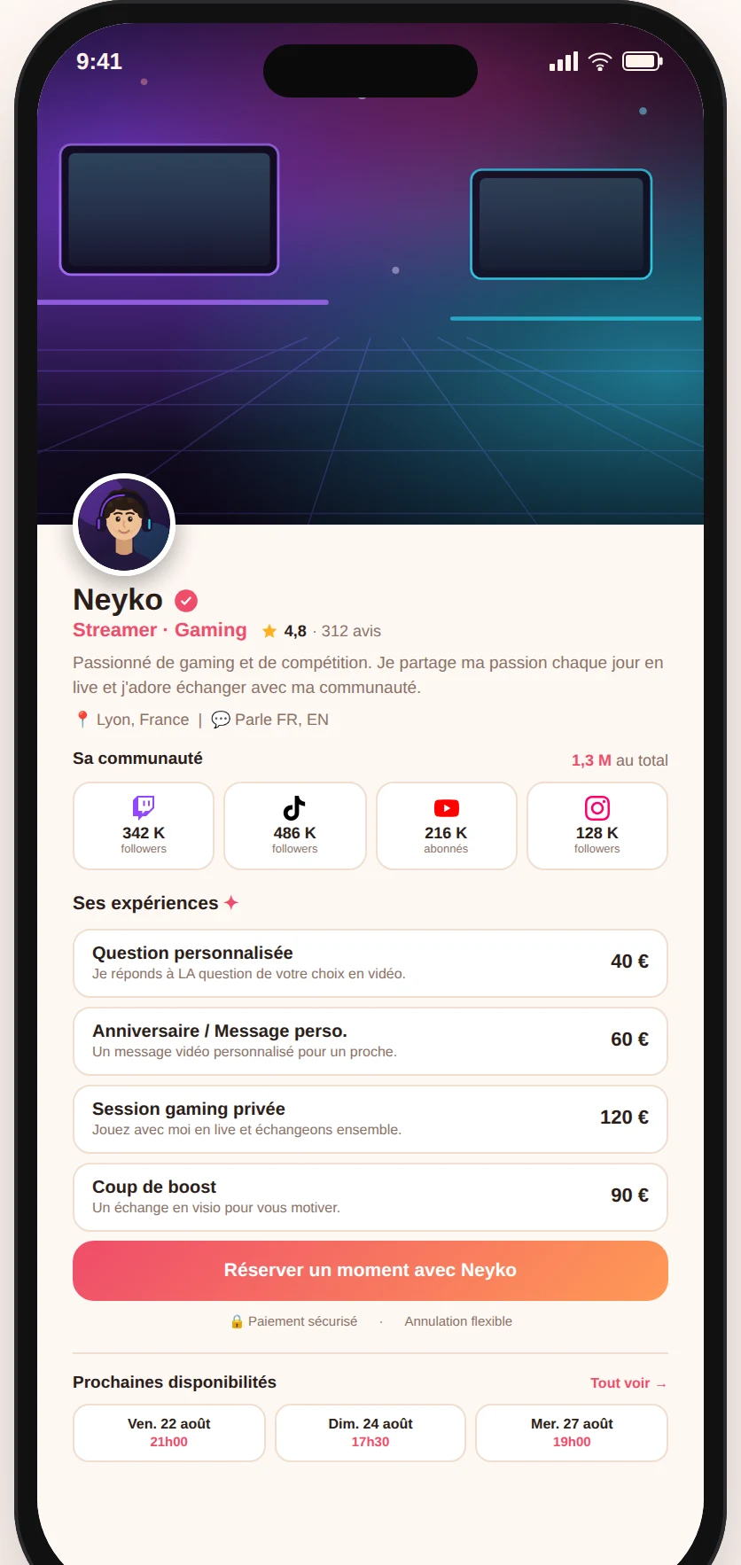 Aperçu du profil de Neyko, créateur gaming sur Twitch, sur l'application Nearade